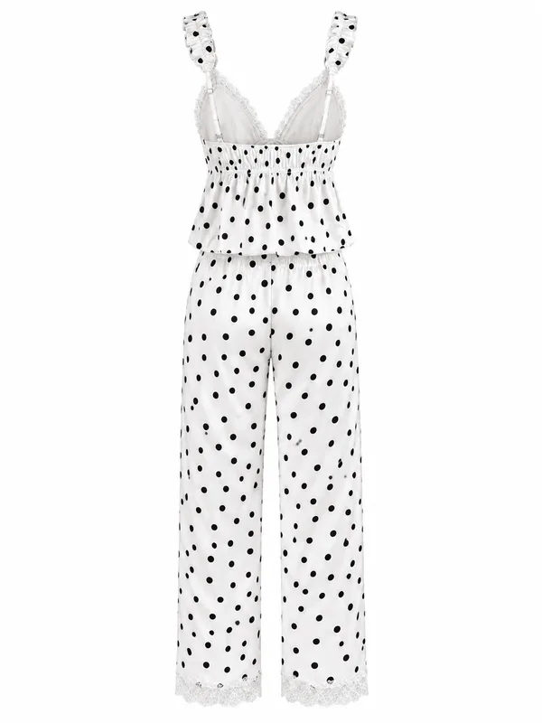 Polka-Dot Satin Lace-Trim Cami and Pants, White, studio, back