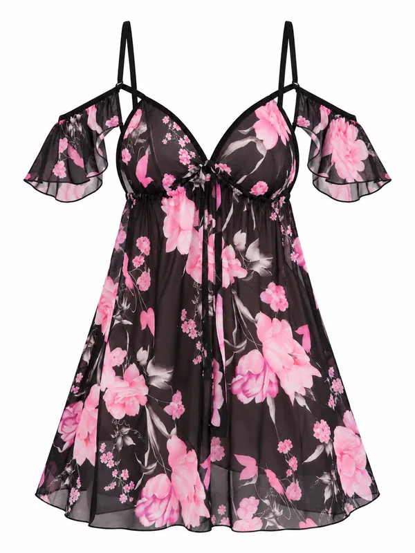 Floral Mesh Cold-Shoulder Babydoll, Black, studio, front