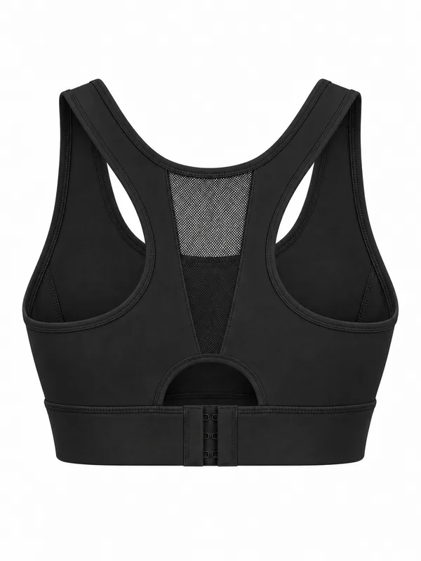 Mesh-Back Racerback Sports Bra, Black, studio, back