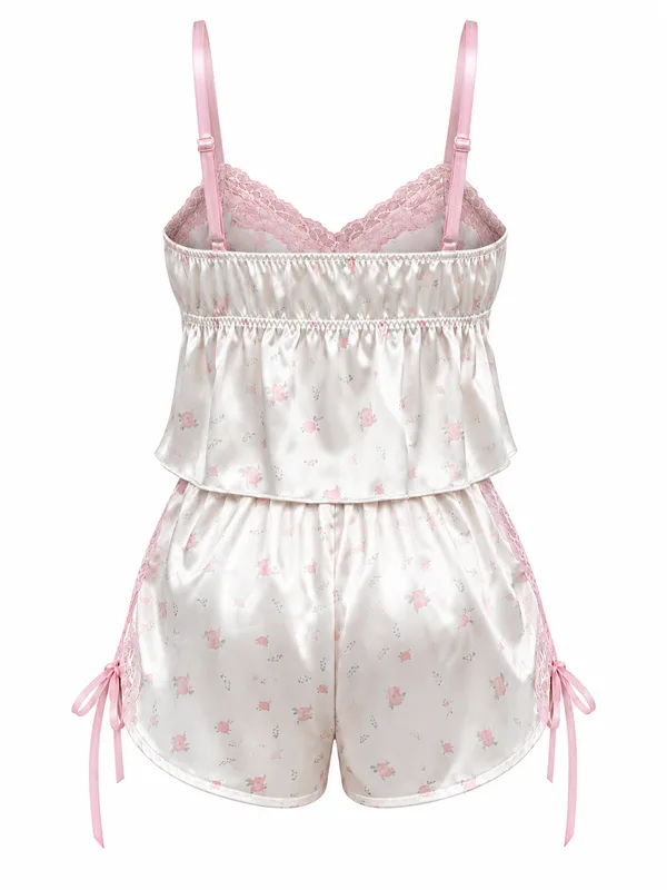 Lace-Trim Floral Satin Cami and Shorts, Off-White, studio, back