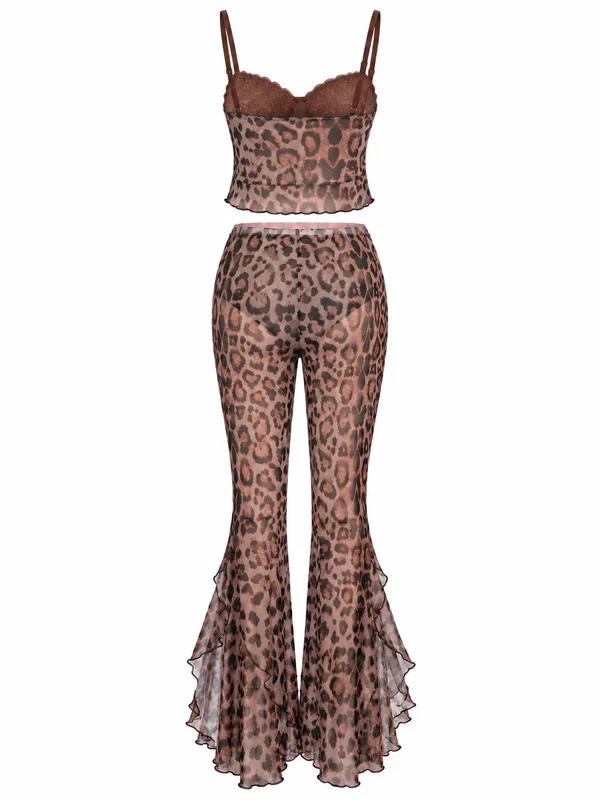 Leopard Print Lace-Trim Mesh Cami Top and Flared Pants, Leopard Print, studio, back