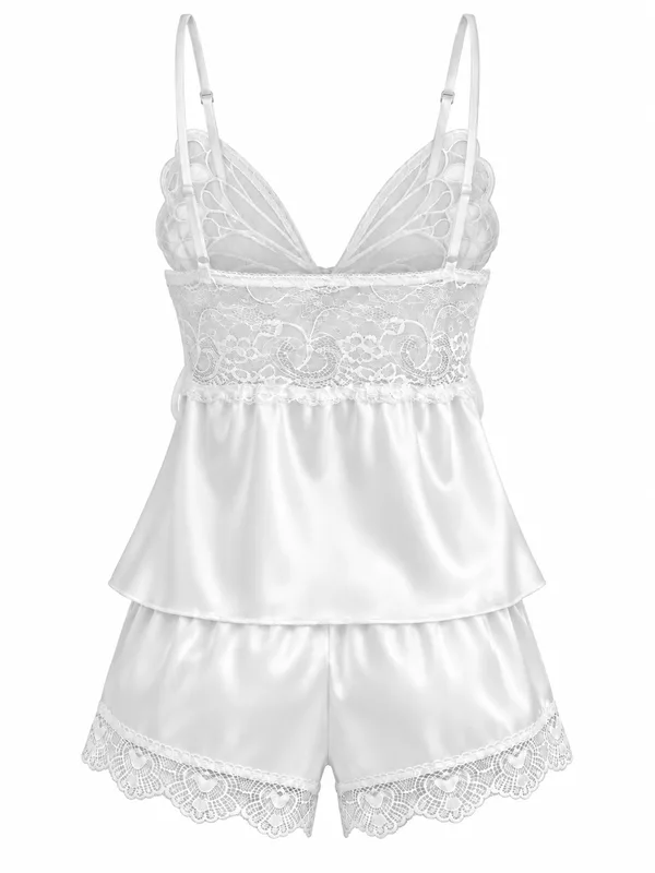 Butterfly-Lace Satin Cami and Shorts, White, studio, back