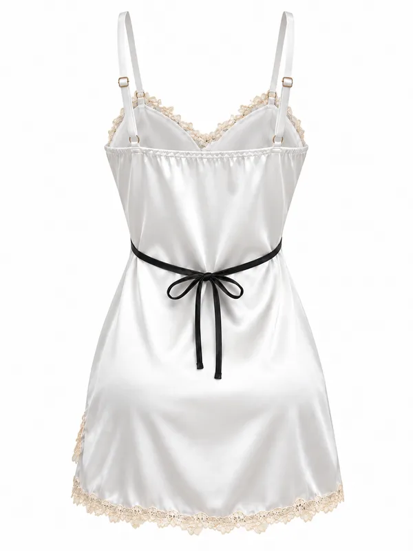 Lace-Trim Satin Slip, White, studio, back