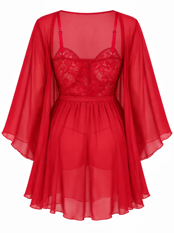 Lace Bodice Mesh Babydoll with Sheer Robe, Red, studio, back