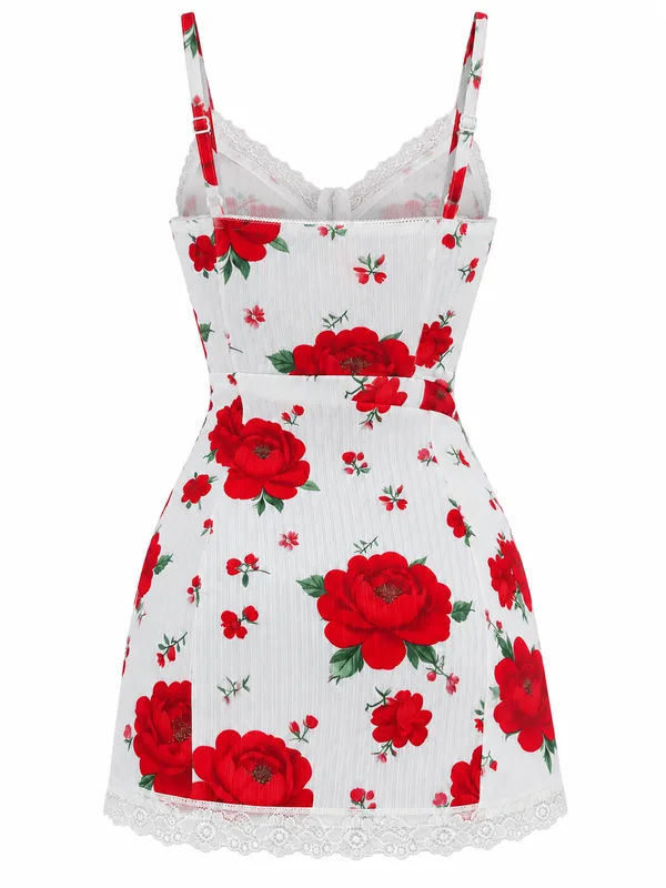Floral Print Lace-Trim Babydoll, White, studio, back