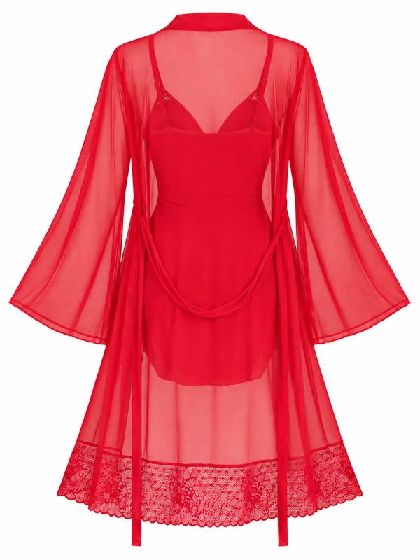 Ruched Lace-Trim Slip and Sheer Mesh Robe, Red, studio, back
