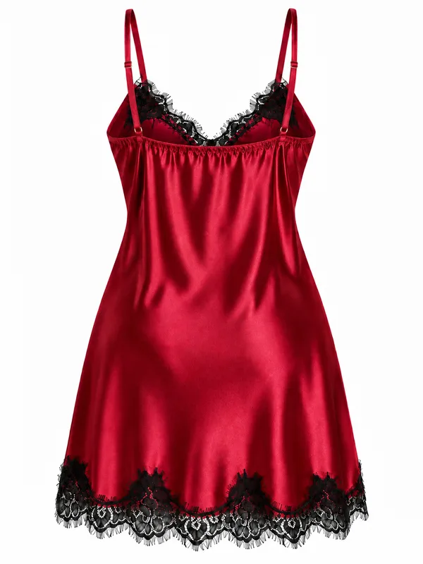 Lace-Trim Satin Slip, Burgundy, studio, back
