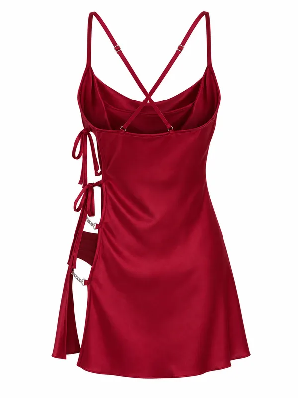 Satin Lace-Up Side-Slit Slip, Burgundy, studio, back
