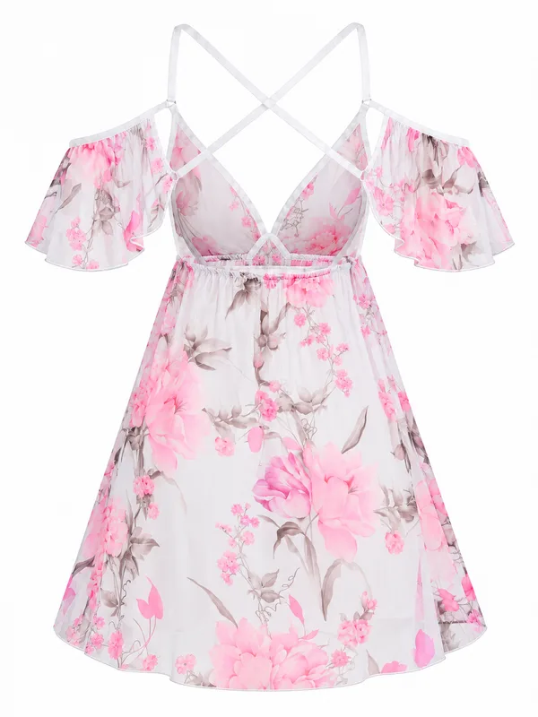 Floral Mesh Cold-Shoulder Babydoll, White, studio, back