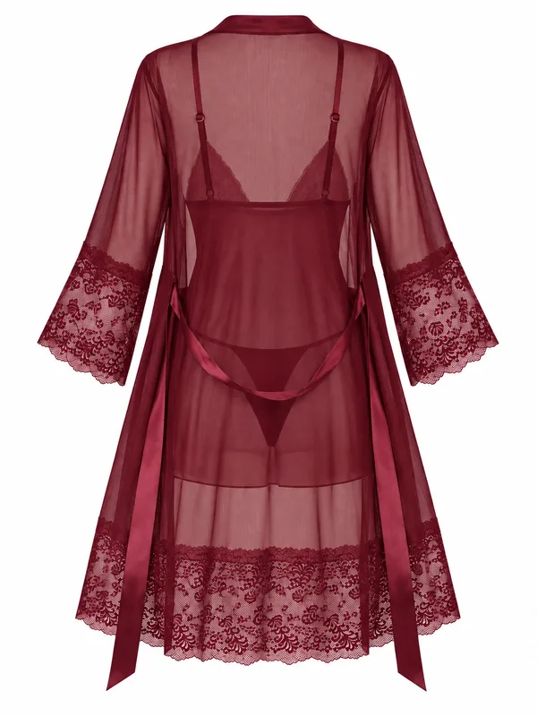 Lace-Trim Mesh Babydoll and Sheer Robe, Burgundy, studio, back