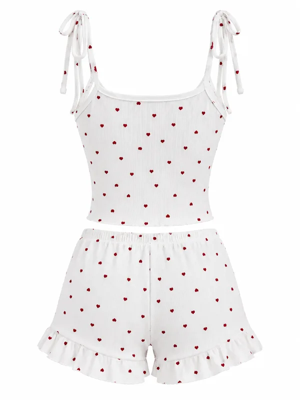 Ribbed Heart-Print Cami and Ruffle Shorts, White, studio, back