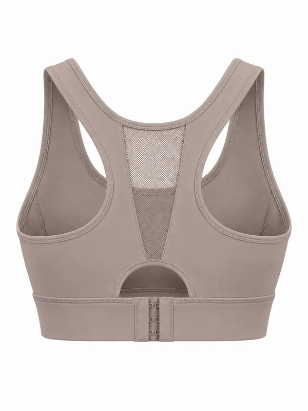 Mesh-Back Racerback Sports Bra, Cocoa, studio, back