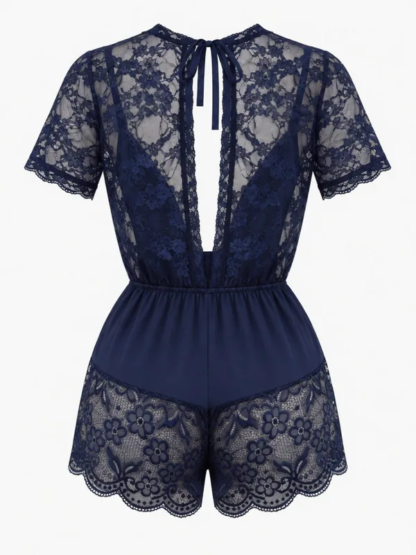Deep V-Neck Lace-Trim Mesh Romper, Navy, studio, back