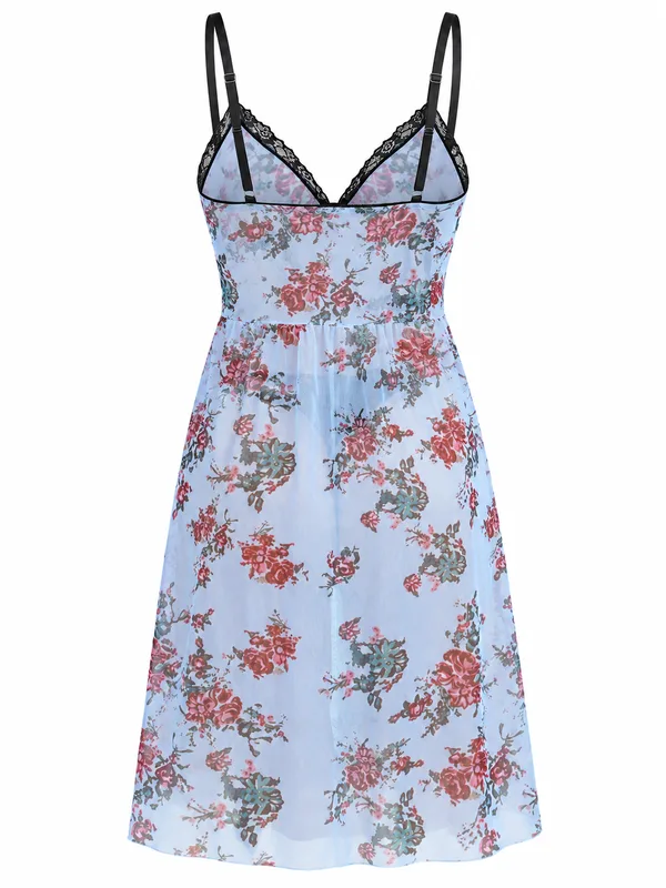 Lace-Trim Floral Mesh Babydoll, Light Blue, studio, back