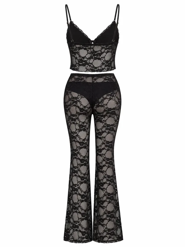 Floral Lace Crop Top and Flared Pants, Black, studio, back