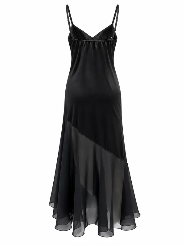 Floral Embroidered Satin Mesh Slip, Black, studio, back