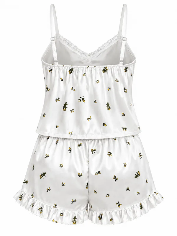 Floral Satin Lace-Trim Cami with Ruffle Shorts, White, studio, back