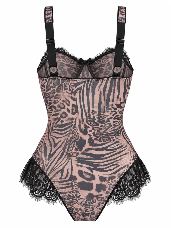 Leopard Print Lace-Trim Mesh Bodysuit, Leopard Print, studio, back