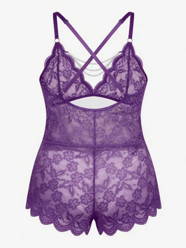 Lace Cutout Chain Teddy, Purple, studio, back