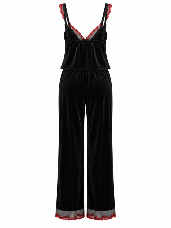 Velvet Lace-Trim Cami and Pants, Black, studio, back