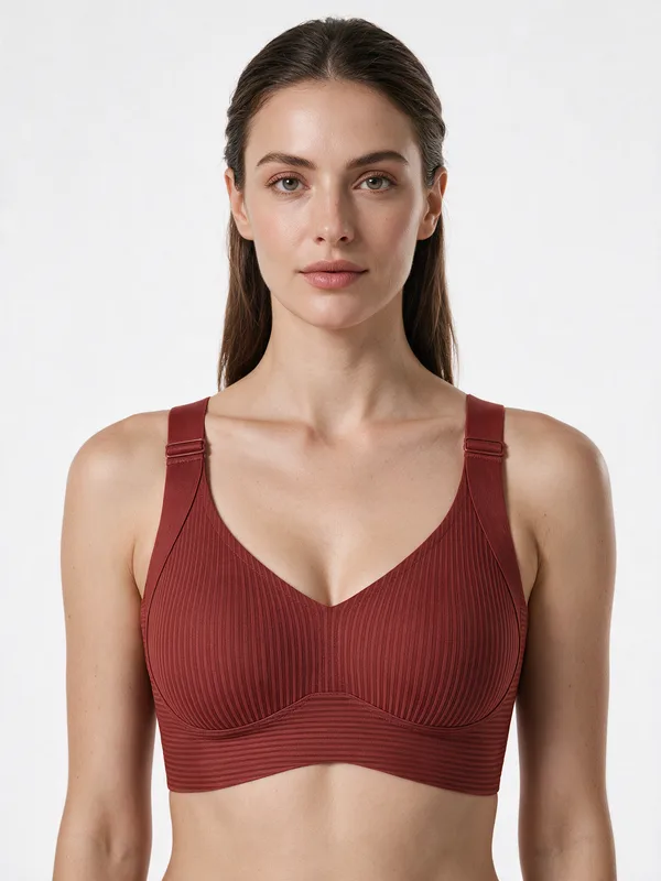 Ribbed V-Neck Wireless Bra, Angora Red, model, front