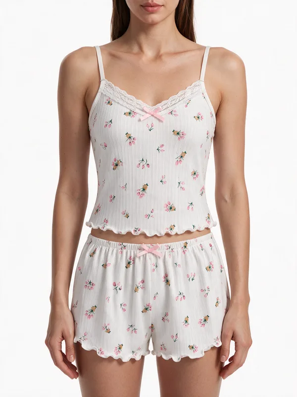 Floral Print Lace-Trim Camisole and Shorts in White