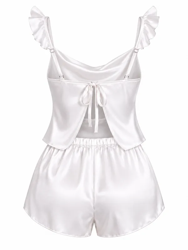 Satin Cowl-Neck Cami and Shorts, White, studio, back