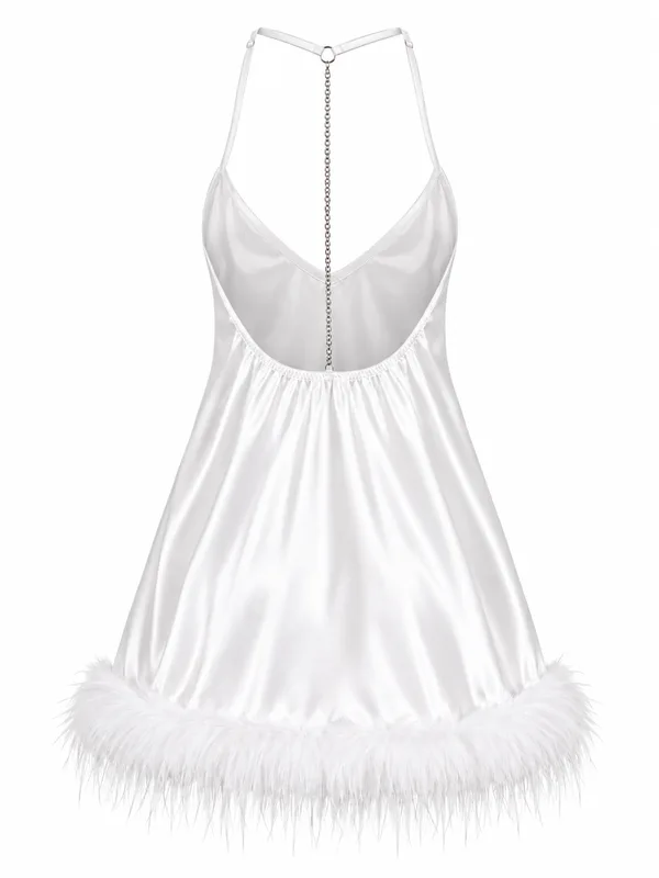 Satin Feather-Trim Babydoll, White, studio, back