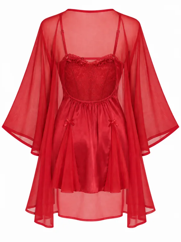 Lace Bodice Satin Babydoll with Mesh Robe, Burgundy, studio, back