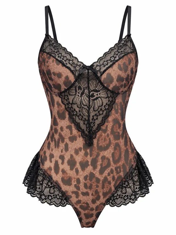 Leopard Print Mesh Lace-Trim Teddy in Leopard Print