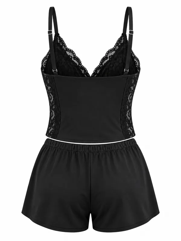 Lace-Trim Longline Bralette and Satin Shorts, Black, studio, back