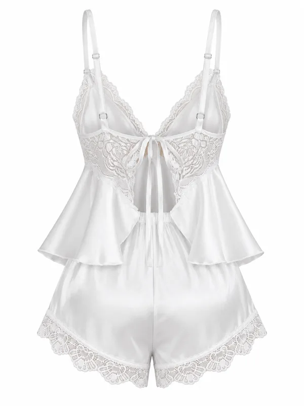 Lace-Trim Satin Cami and Shorts, White, studio, back