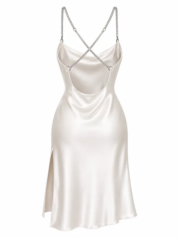 Satin Rhinestone-Strap Slip Dress, White, studio, back