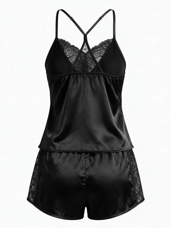 Lace-Trim Satin Camisole and Shorts, Black, studio, back
