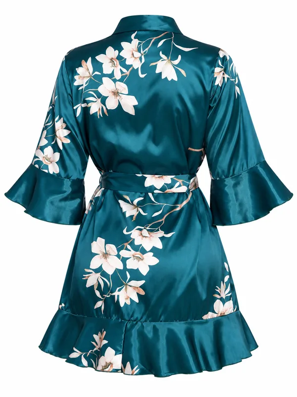 Floral Satin Ruffle-Hem Robe, Dark Green, studio, back
