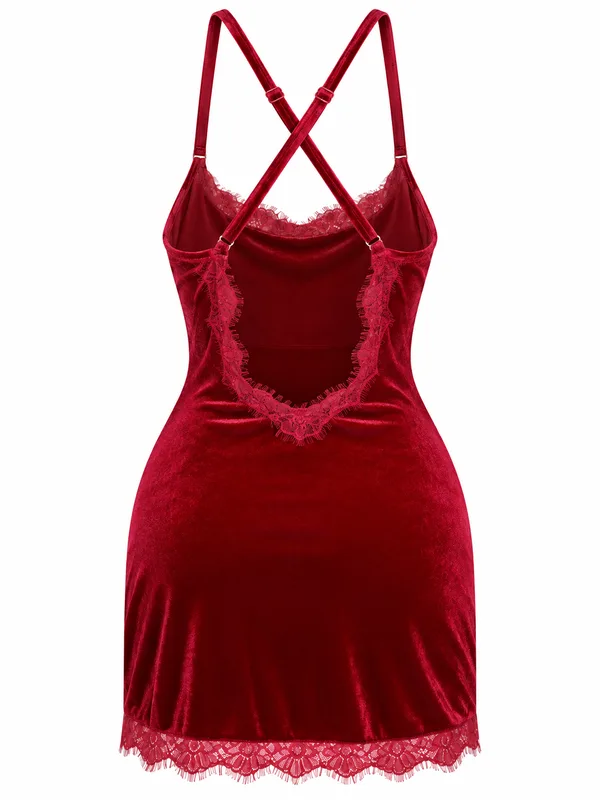 Lace-Trim Velvet Slip, Burgundy, studio, back