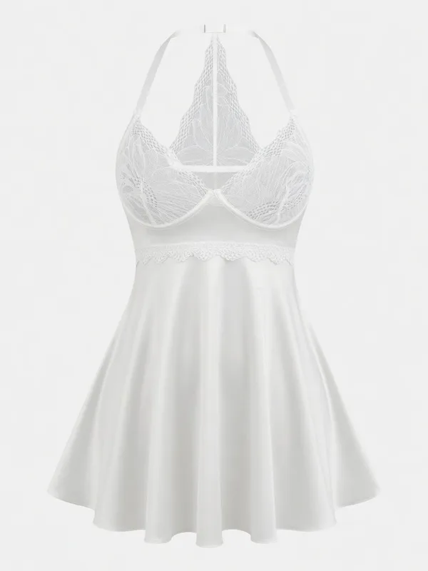 Lace Bodice Racerback Babydoll, White, studio, front