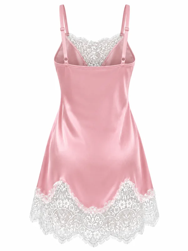 Lace-Trim Satin Slip, Pink, studio, back