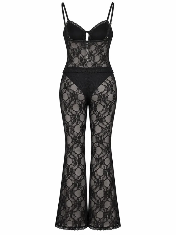 Lace Cami and Flared Pant Loungewear, Black, studio, back
