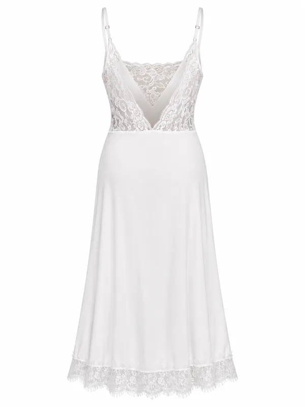 Lace-Trim V-Neck Midi Slip, White, studio, back