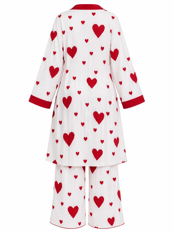 Heart-Print Robe, Cami Top & Wide-Leg Pants, White + Red, studio, back