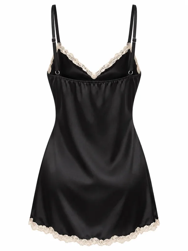 Lace-Trim Satin Slip, Black, studio, back