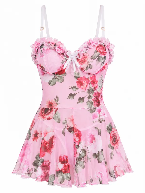 Ruffle-Trim Floral Mesh Babydoll, Pink, studio, front