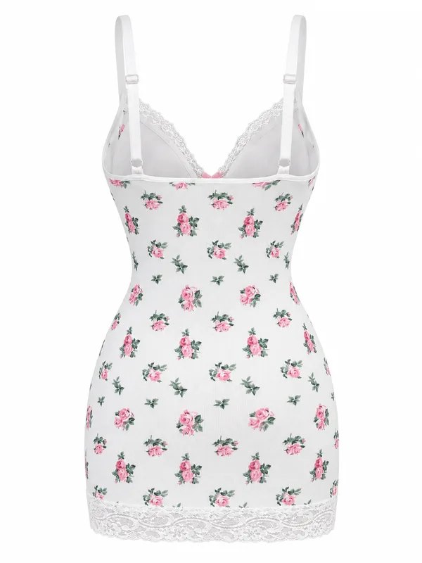Lace-Trim Floral-Print Slip, White, studio, back