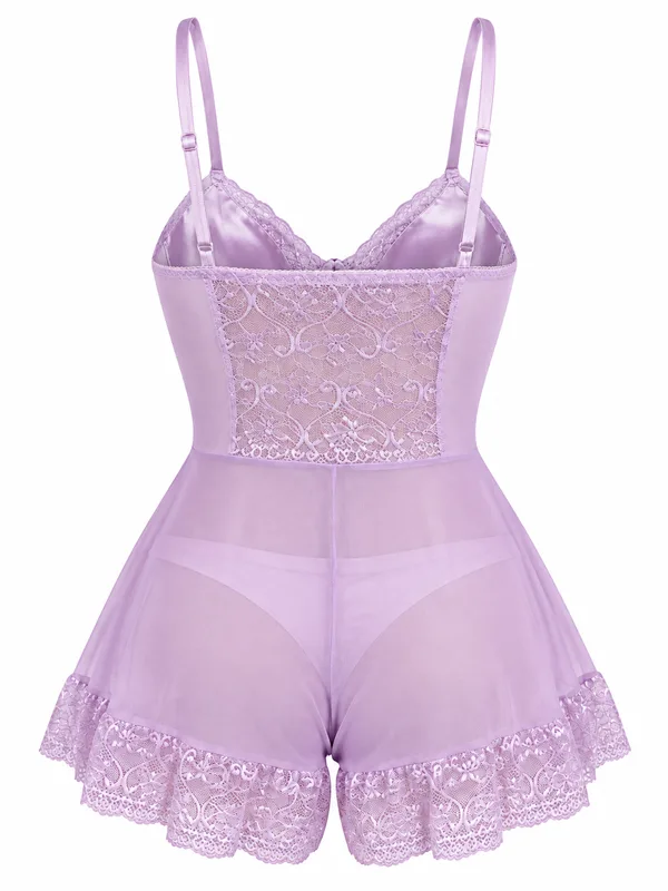 Lace-Trim Satin and Mesh Romper, Light Purple, studio, back