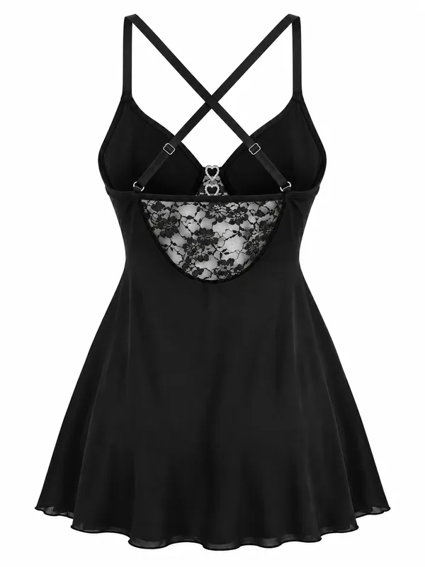 Cross-Back Lace-Panel Babydoll, Black, studio, back