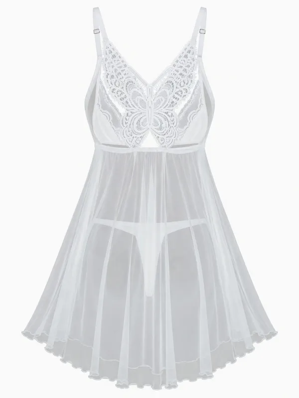 Lace-Trim Mesh Babydoll, White, studio, back