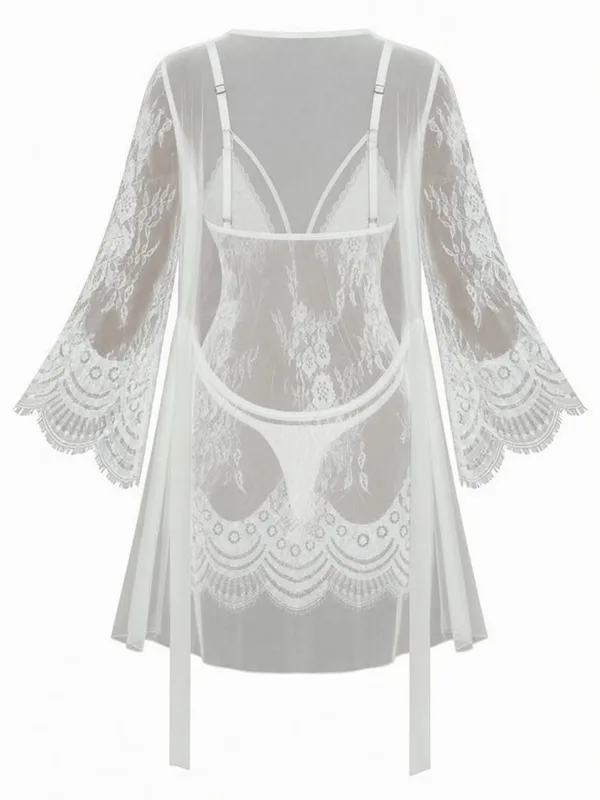 Lace-Trim Mesh Babydoll and Robe, White, studio, back