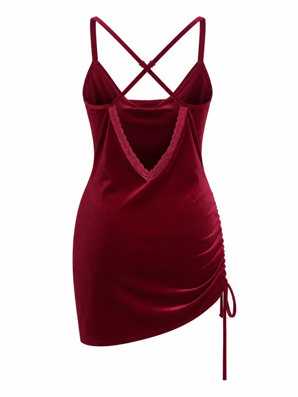 Ruched Velvet Open-Back Slip Dress, Burgundy, studio, back