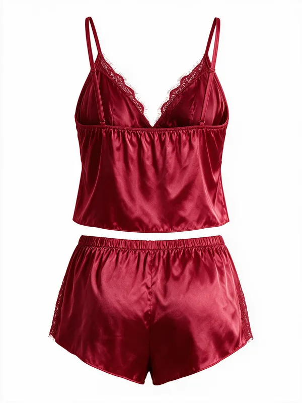 Lace-Trim Satin Camisole and Shorts, Red, studio, back